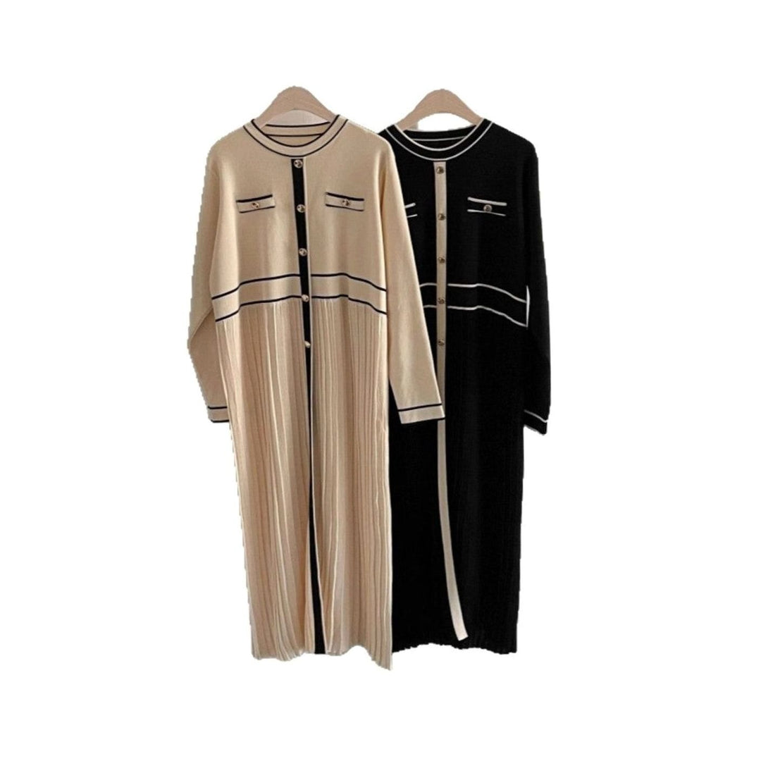 Women's Long-Sleeve Contrast-Trim Button-Front Pleated Knit Sweater Dress