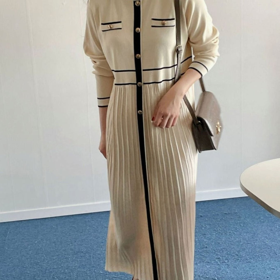 Women's Long-Sleeve Contrast-Trim Button-Front Pleated Knit Sweater Dress - Apricot