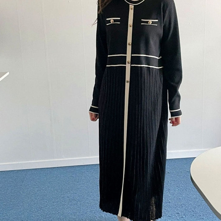 Women's Long-Sleeve Contrast-Trim Button-Front Pleated Knit Sweater Dress - Black