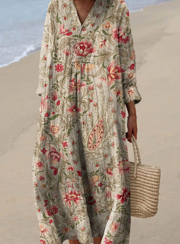 Women's Long Sleeve Floral Art Print Maxi Dress - Apricot