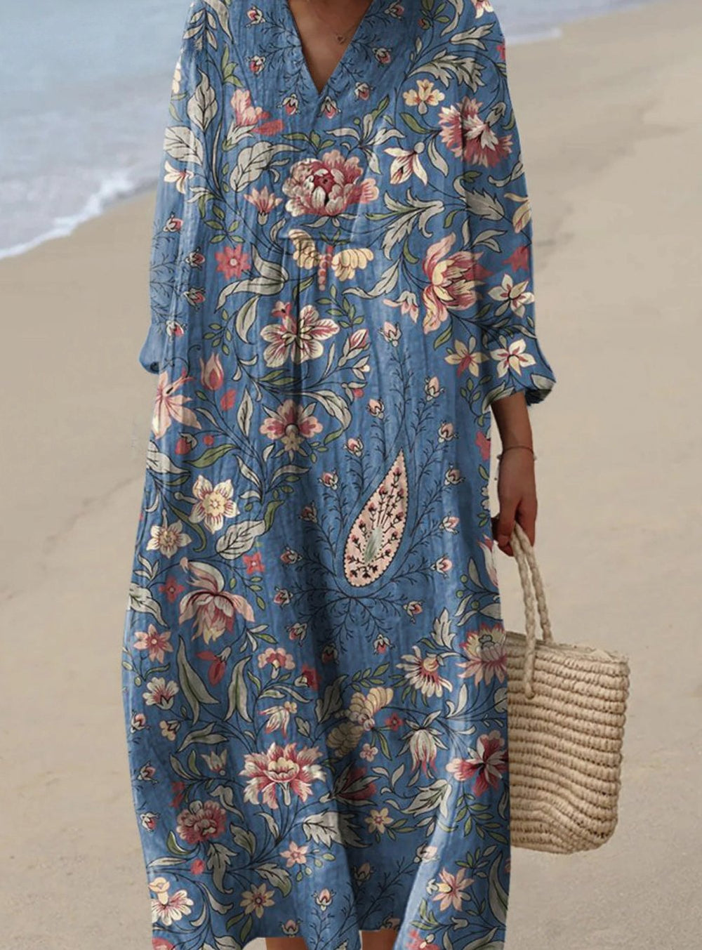 Women's Long Sleeve Floral Art Print Maxi Dress - Blue