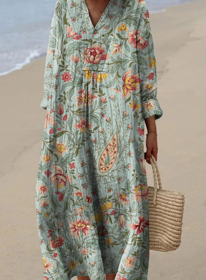 Women's Long Sleeve Floral Art Print Maxi Dress - Light Blue