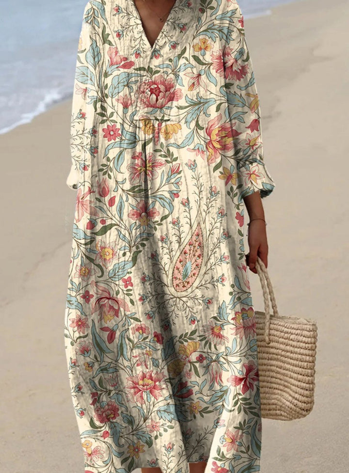 Women's Long Sleeve Floral Art Print Maxi Dress - Yellow