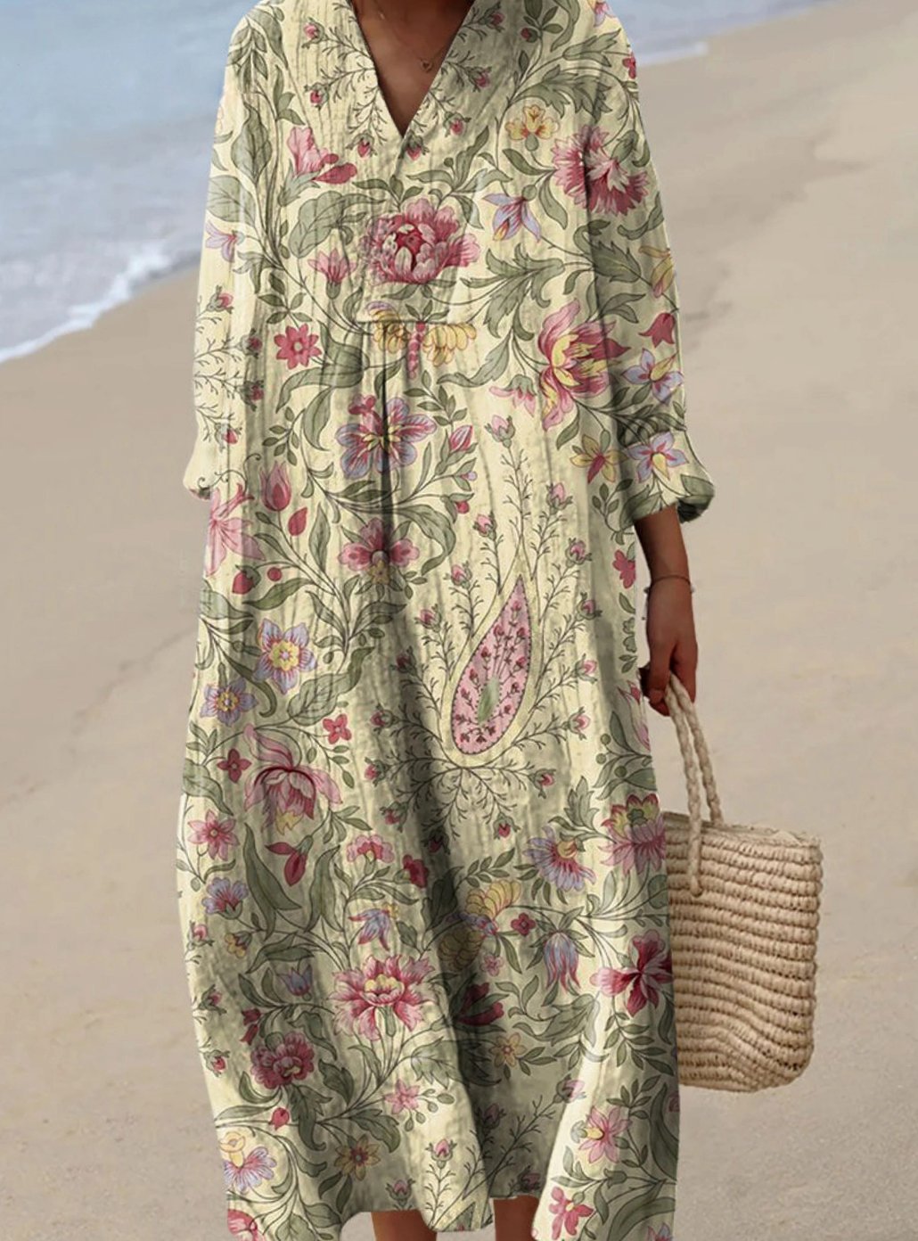 Women's Long Sleeve Floral Art Print Maxi Dress - Khaki