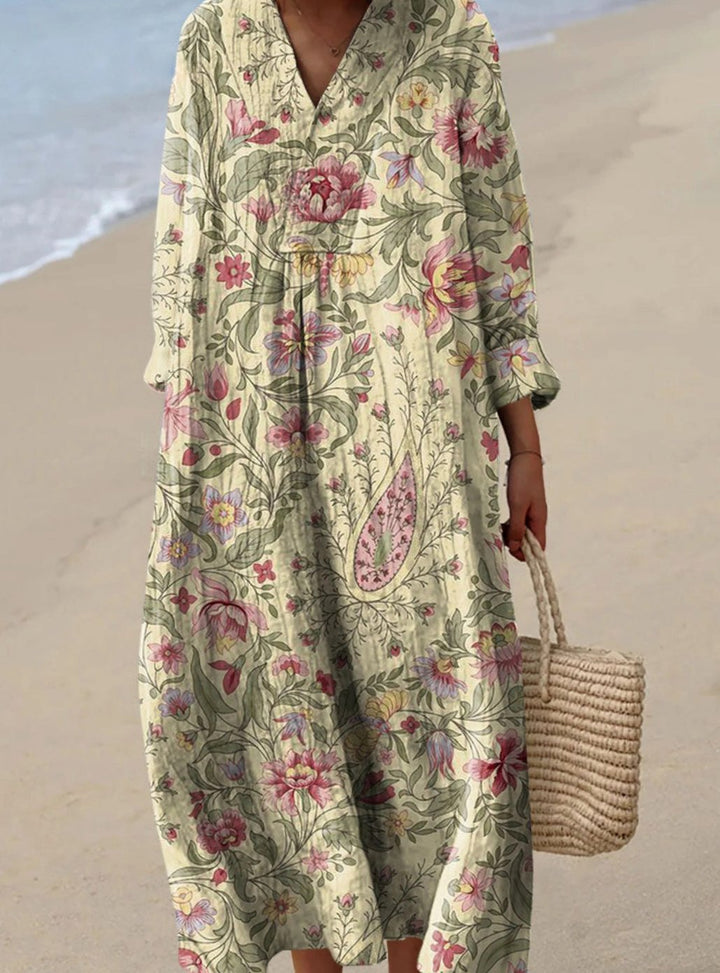Women's Long Sleeve Floral Art Print Maxi Dress - Khaki