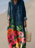 Eleanor | Women's Long Sleeve Floral Art Print V-Neck Maxi Dress
