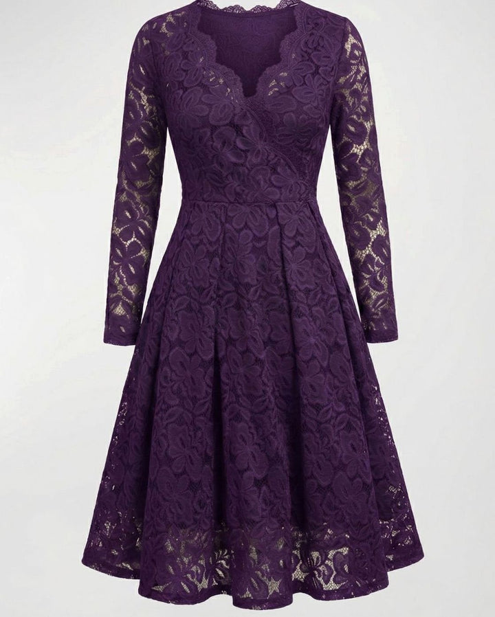 Women's Long Sleeve Floral Lace V-Neck Fit-and-Flare Cocktail Dress - Purple