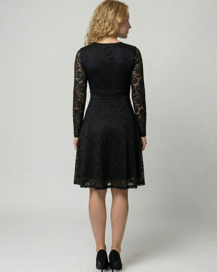 Women's Long Sleeve Floral Lace V-Neck Fit-and-Flare Cocktail Dress