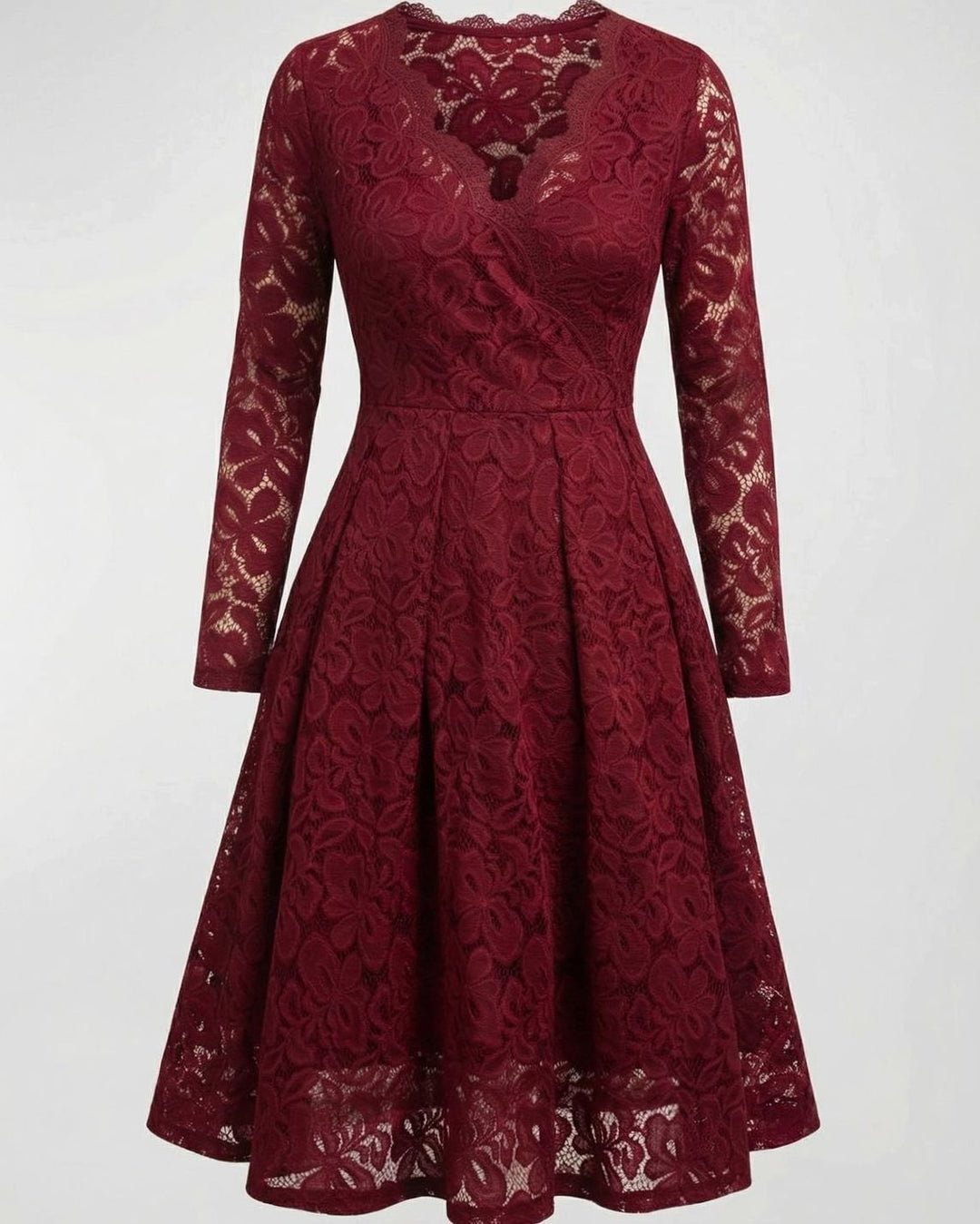 Women's Long Sleeve Floral Lace V-Neck Fit-and-Flare Cocktail Dress - Red