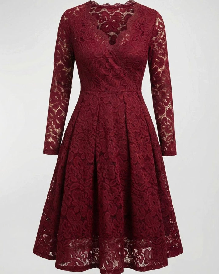 Women's Long Sleeve Floral Lace V-Neck Fit-and-Flare Cocktail Dress - Red