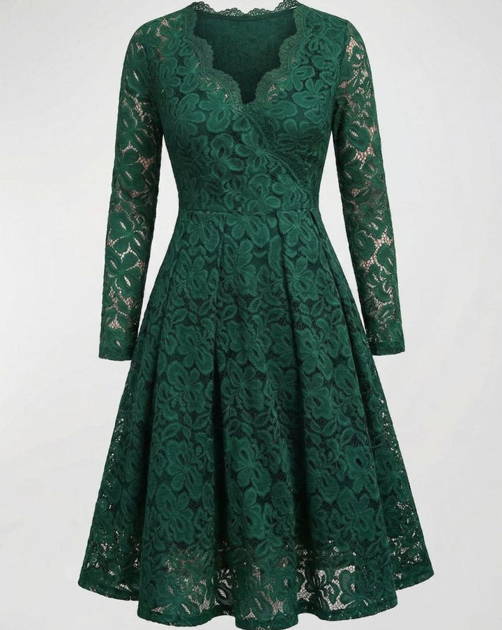 Women's Long Sleeve Floral Lace V-Neck Fit-and-Flare Cocktail Dress - Green