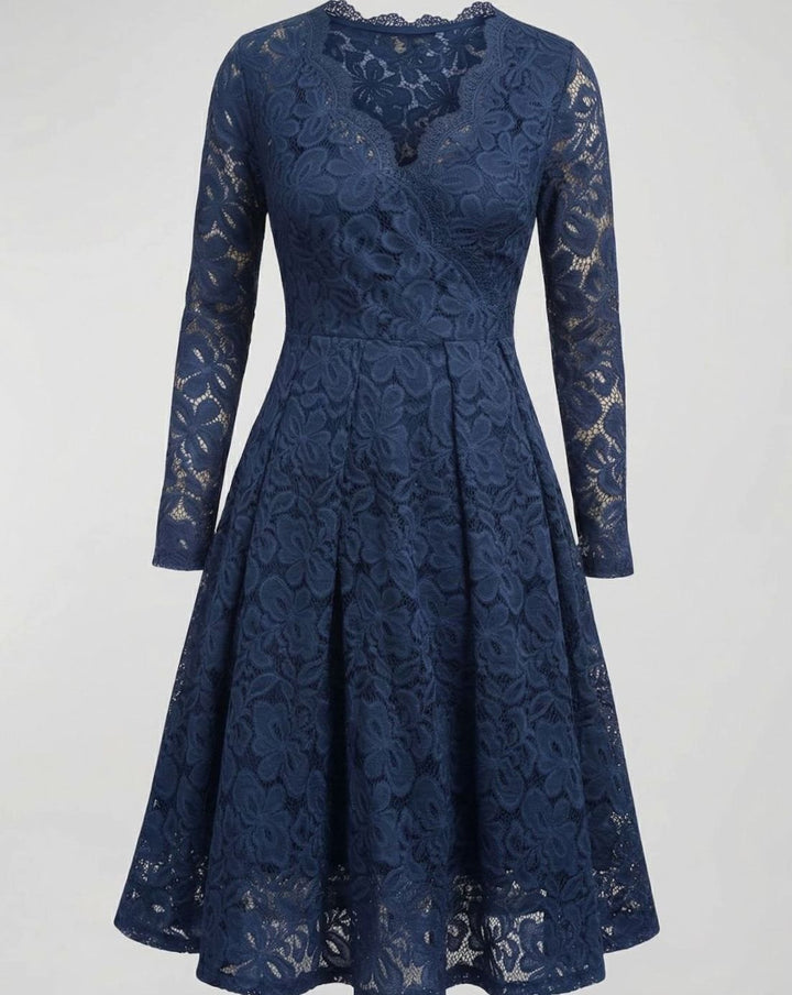 Women's Long Sleeve Floral Lace V-Neck Fit-and-Flare Cocktail Dress - Blue