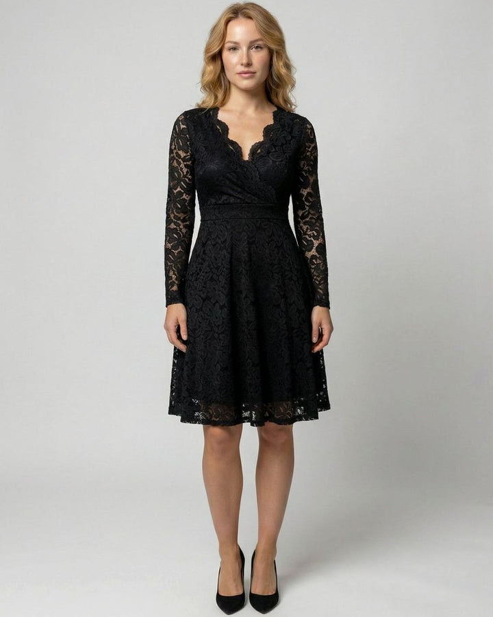 Women's Long Sleeve Floral Lace V-Neck Fit-and-Flare Cocktail Dress