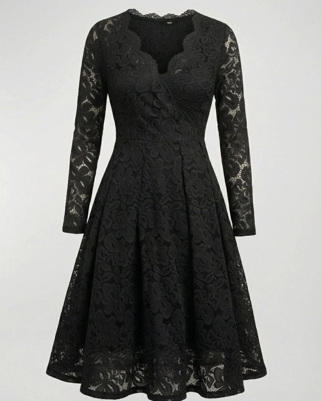 Women's Long Sleeve Floral Lace V-Neck Fit-and-Flare Cocktail Dress