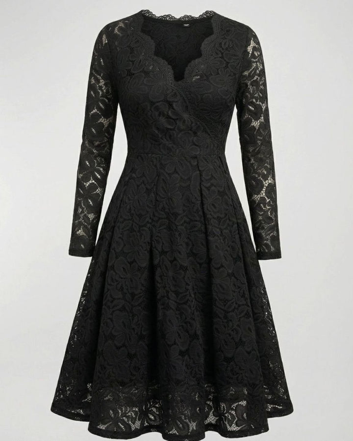 Women's Long Sleeve Floral Lace V-Neck Fit-and-Flare Cocktail Dress