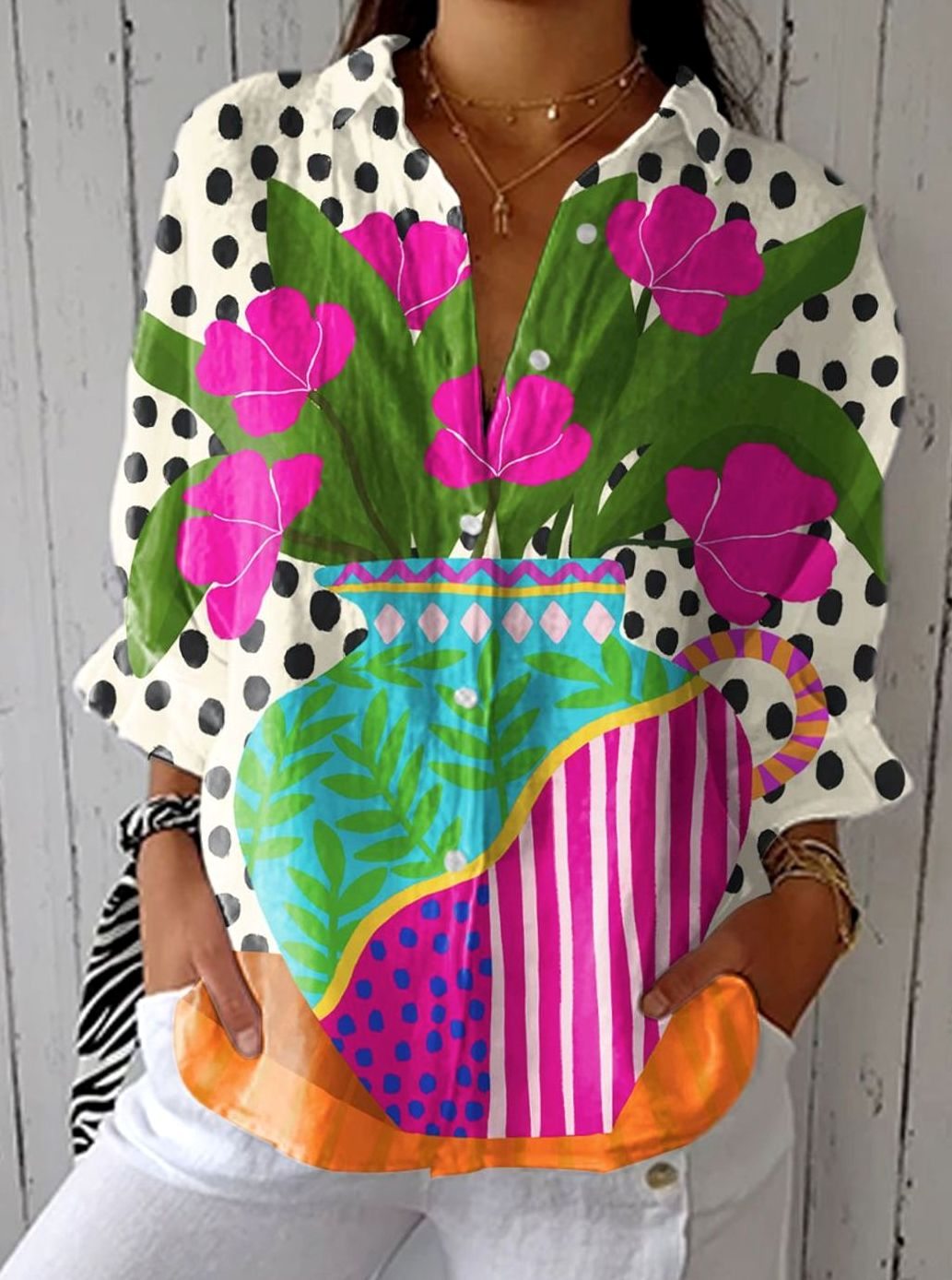 Women's Long Sleeve Floral Vase Print Button-Up Blouse - Multicolor