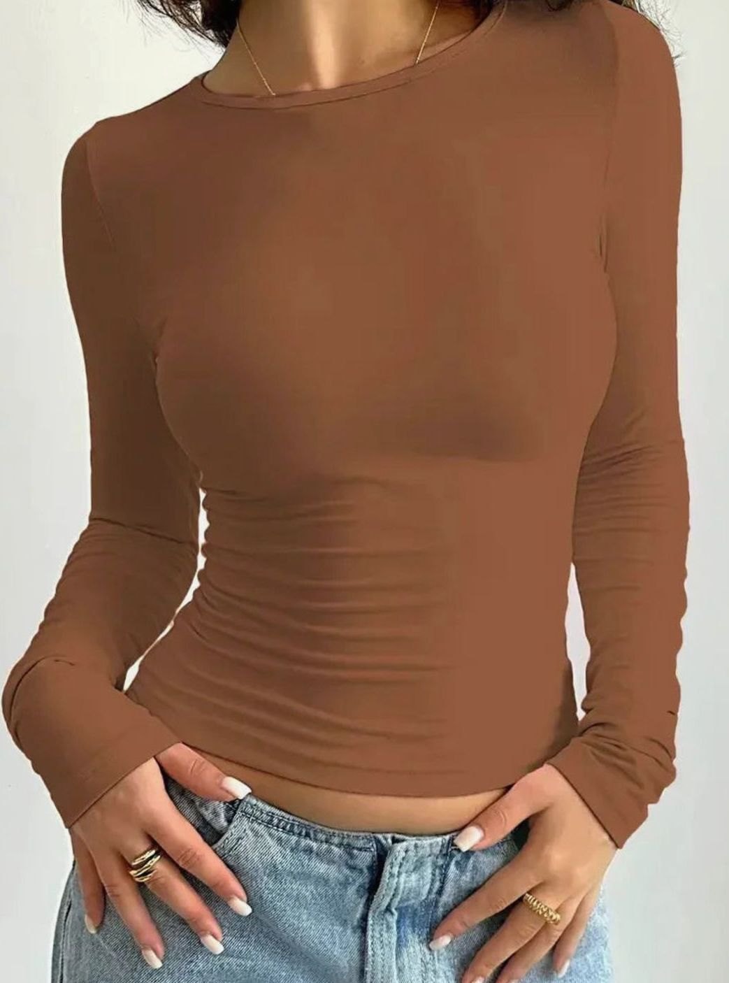 Women's Long Sleeve Form-Fitting Crew Neck Top - Brown