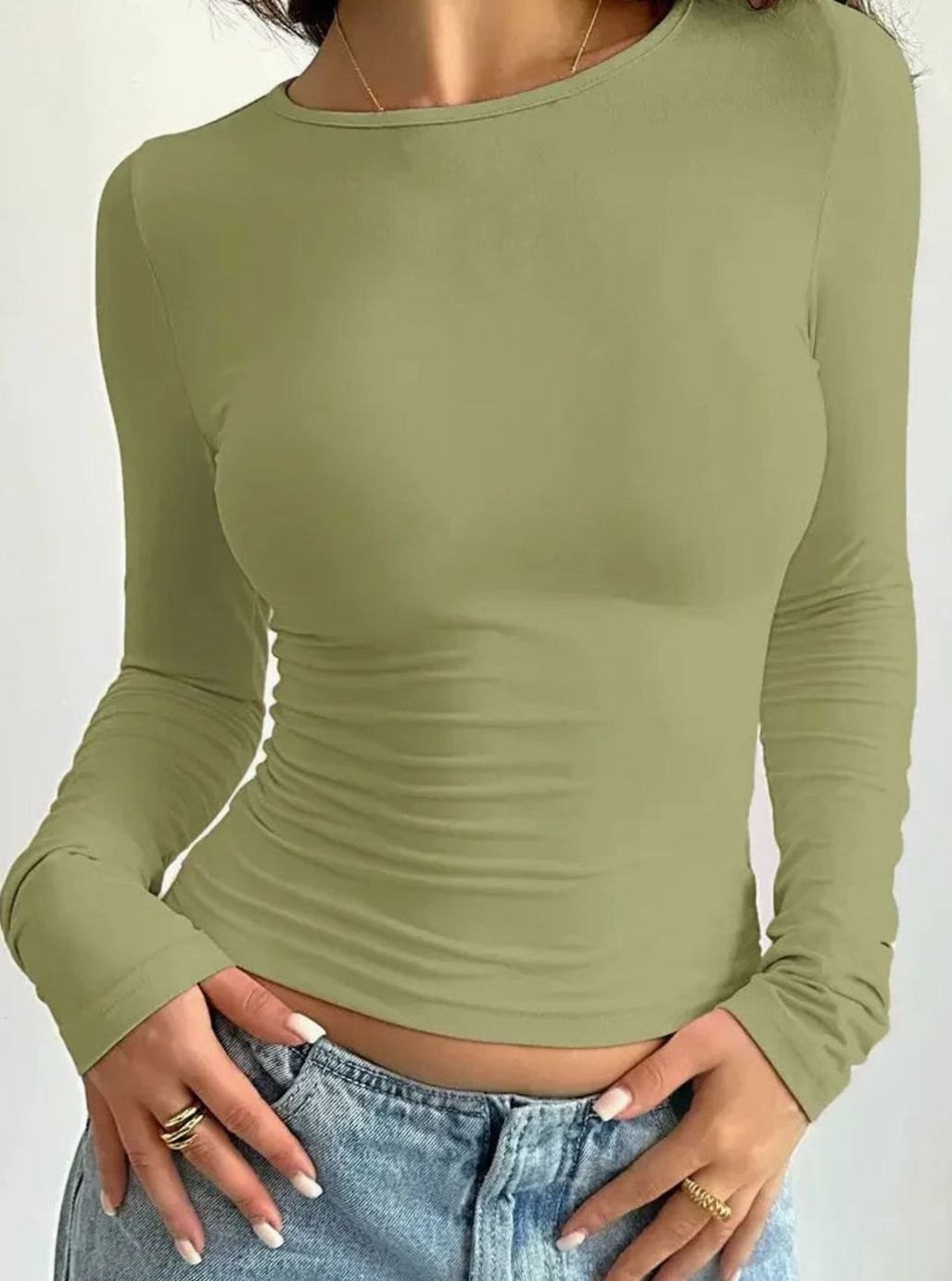 Women's Long Sleeve Form-Fitting Crew Neck Top - Green