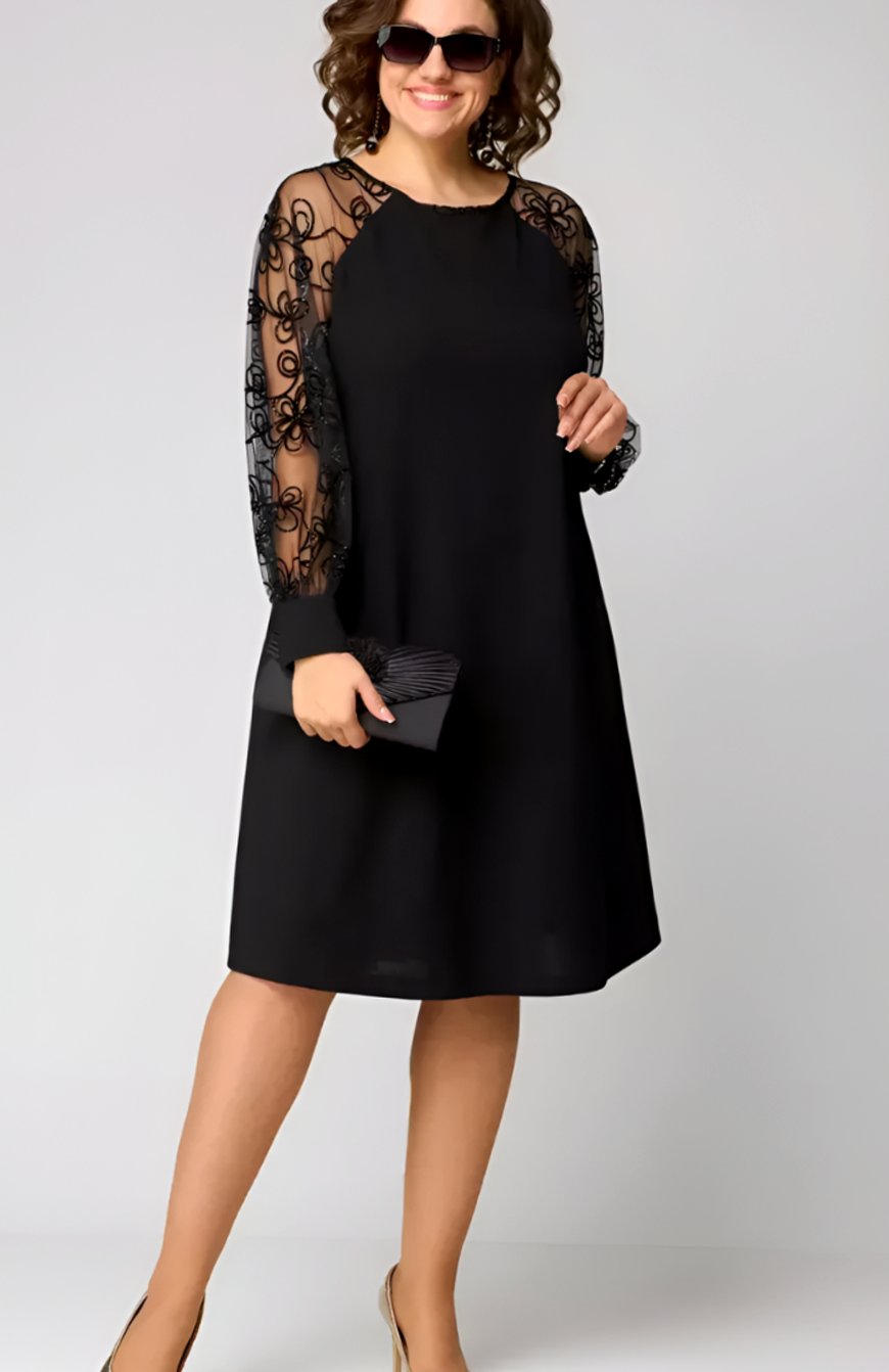 Women's Long Sleeve Lace-Sleeve A-Line Little Black Dress - Black