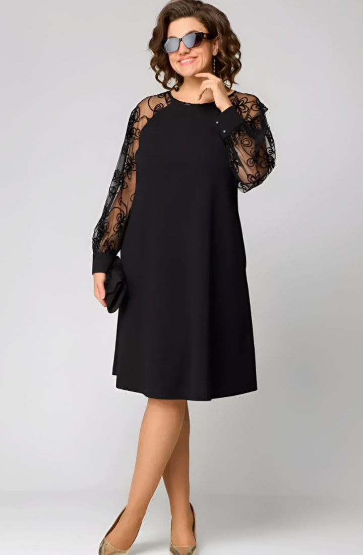 Women's Long Sleeve Lace-Sleeve A-Line Little Black Dress