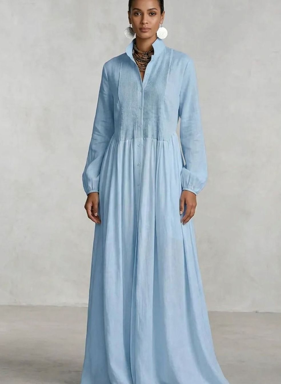 Women's Long Sleeve Pintuck Maxi Shirtdress