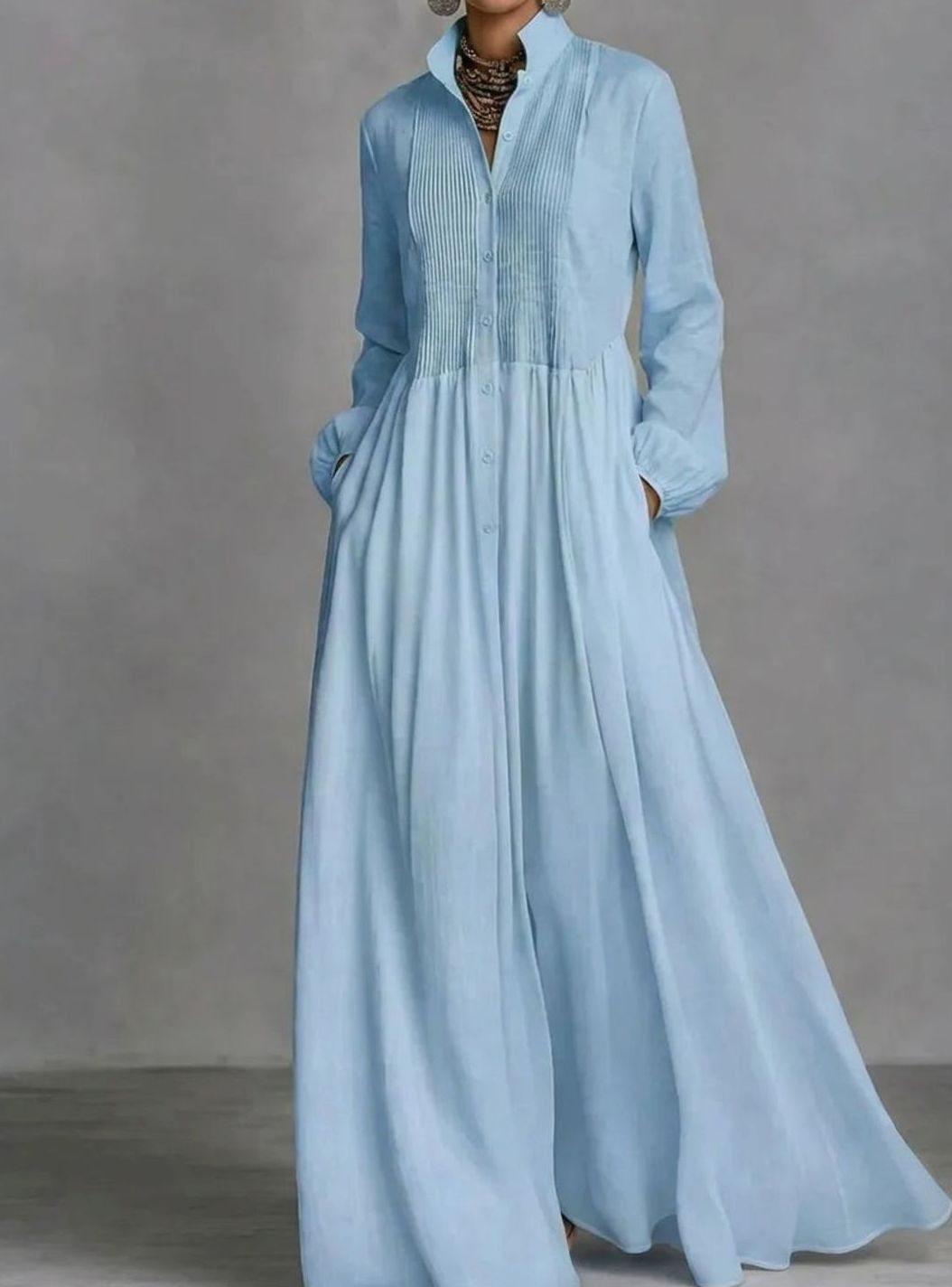 Women's Long Sleeve Pintuck Maxi Shirtdress - Light Blue