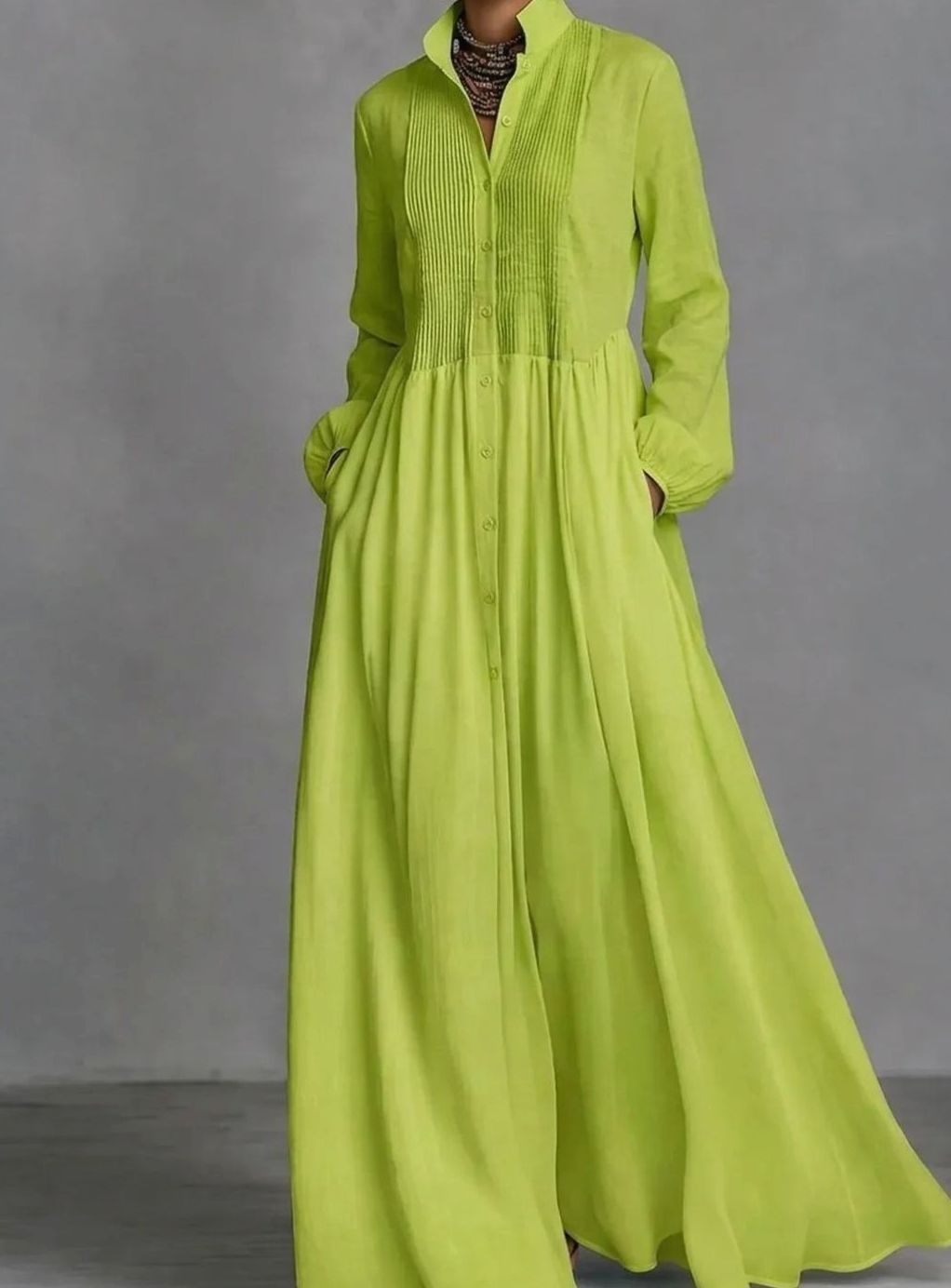 Women's Long Sleeve Pintuck Maxi Shirtdress - Green