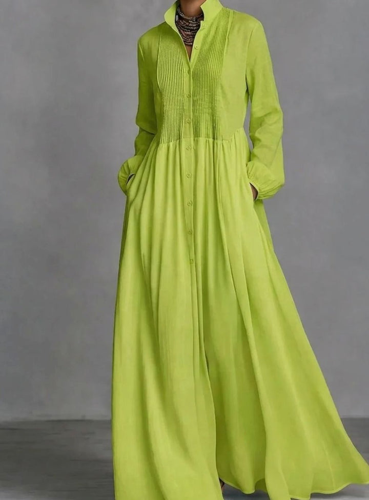 Women's Long Sleeve Pintuck Maxi Shirtdress - Green