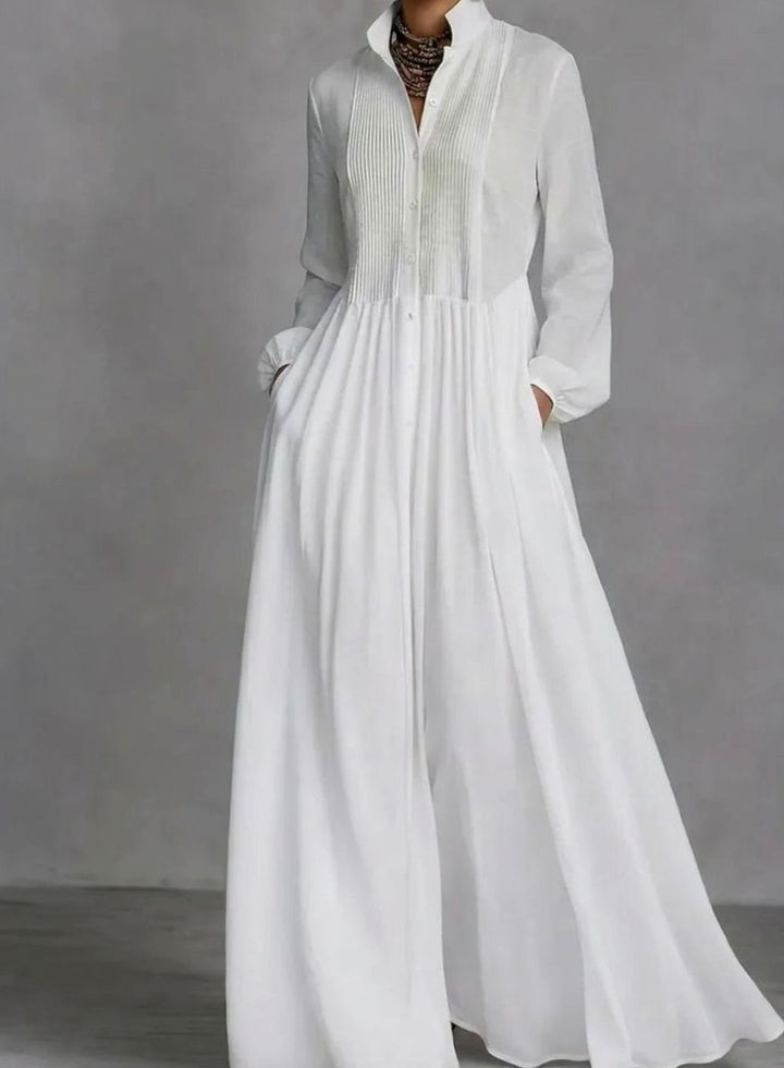 Women's Long Sleeve Pintuck Maxi Shirtdress - White