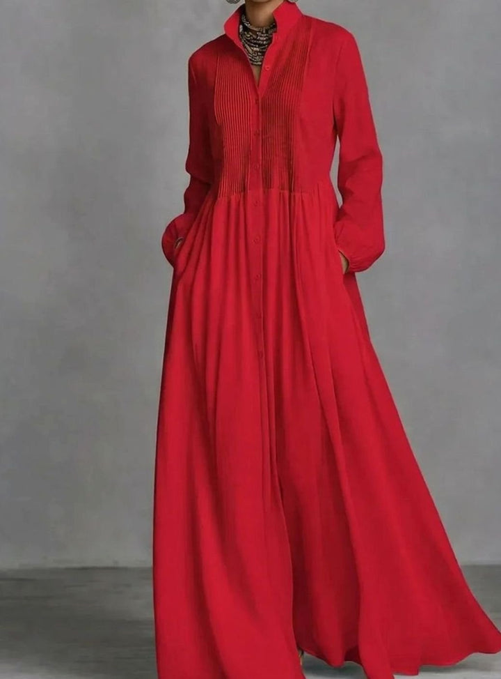 Women's Long Sleeve Pintuck Maxi Shirtdress - Red