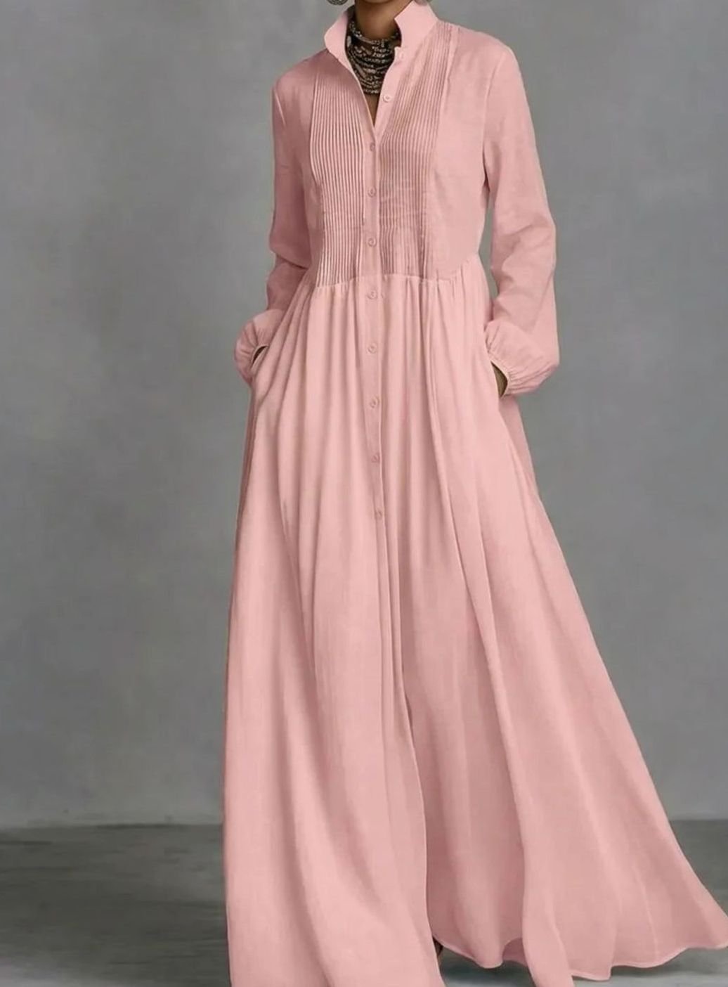 Women's Long Sleeve Pintuck Maxi Shirtdress - Pink