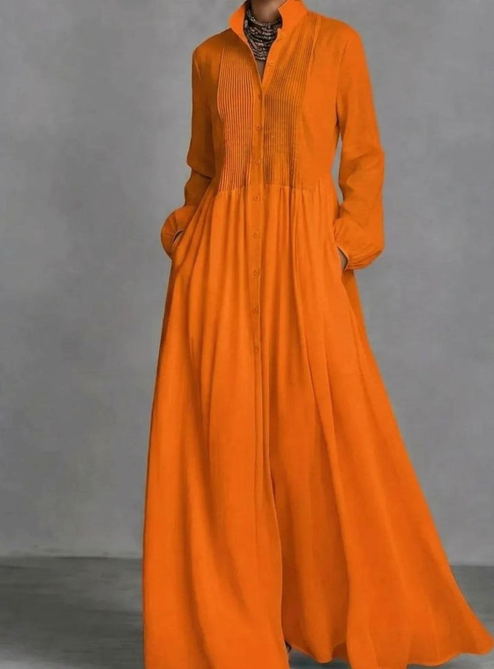 Women's Long Sleeve Pintuck Maxi Shirtdress - Orange