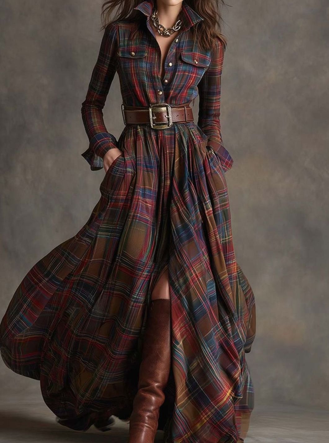 Women's Long Sleeve Plaid Shirt Maxi Dress Belted Flowy - Reddish Brown