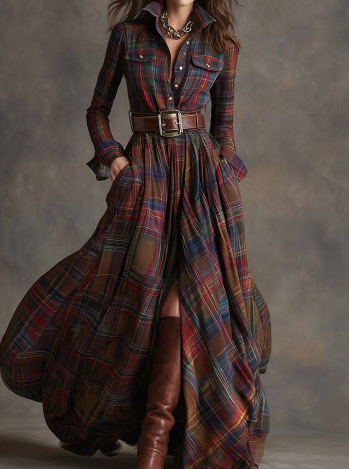 Women's Long Sleeve Plaid Shirt Maxi Dress Belted Flowy - Reddish Brown