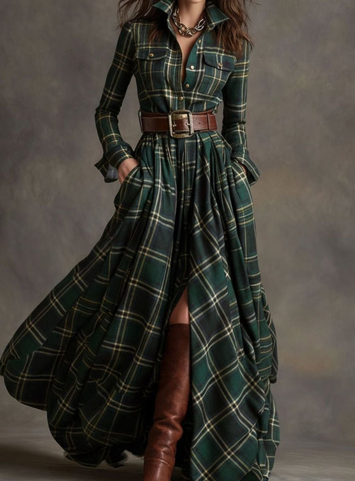 Women's Long Sleeve Plaid Shirt Maxi Dress Belted Flowy - Green