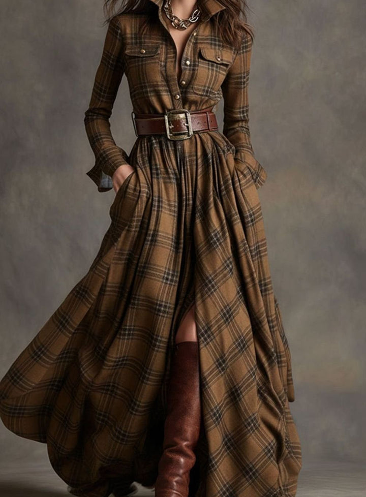 Women's Long Sleeve Plaid Shirt Maxi Dress Belted Flowy - Brown