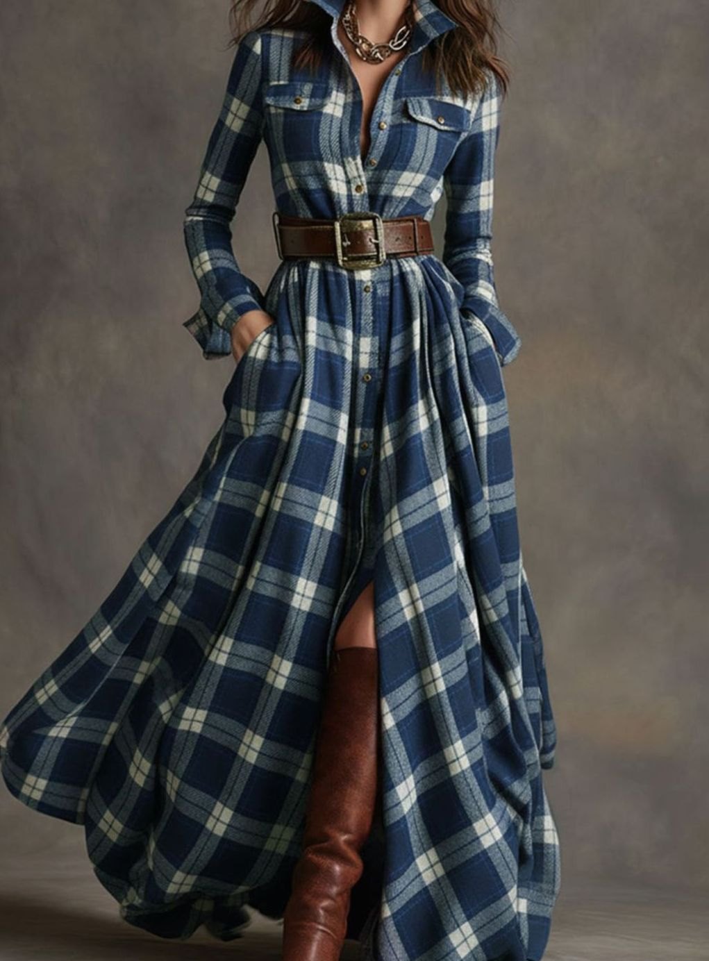 Women's Long Sleeve Plaid Shirt Maxi Dress Belted Flowy - Blue