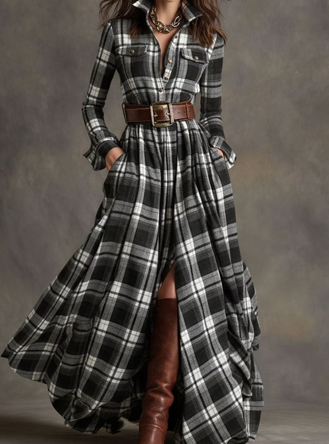 Women's Long Sleeve Plaid Shirt Maxi Dress Belted Flowy - Black