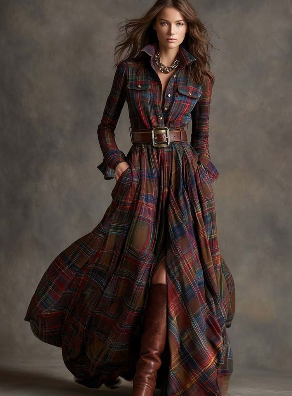 Women's Long Sleeve Plaid Shirt Maxi Dress Belted Flowy