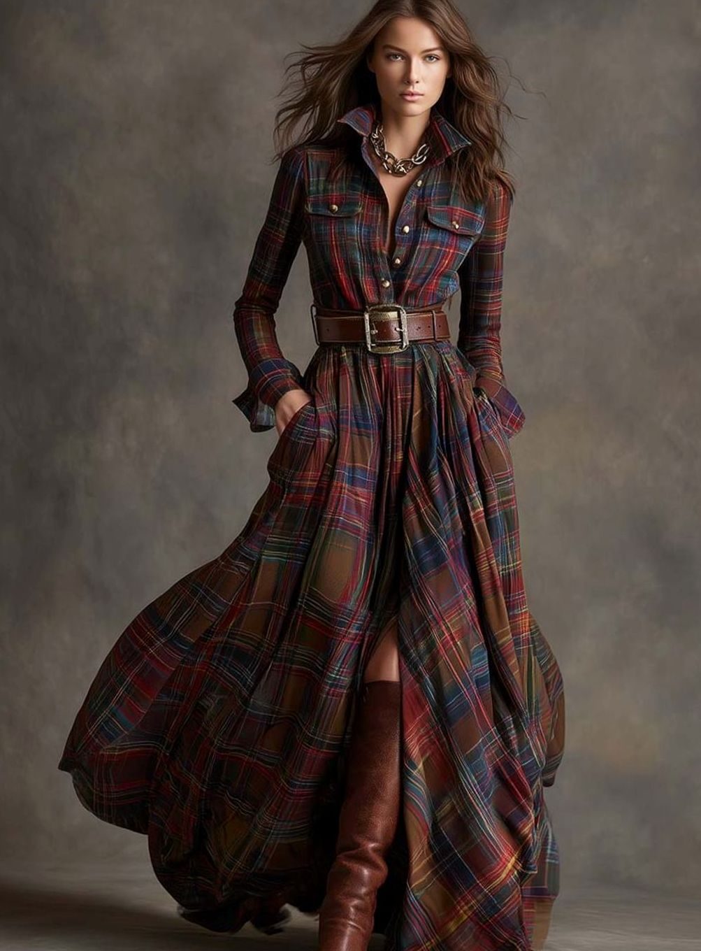 Women's Long Sleeve Plaid Shirt Maxi Dress Belted Flowy