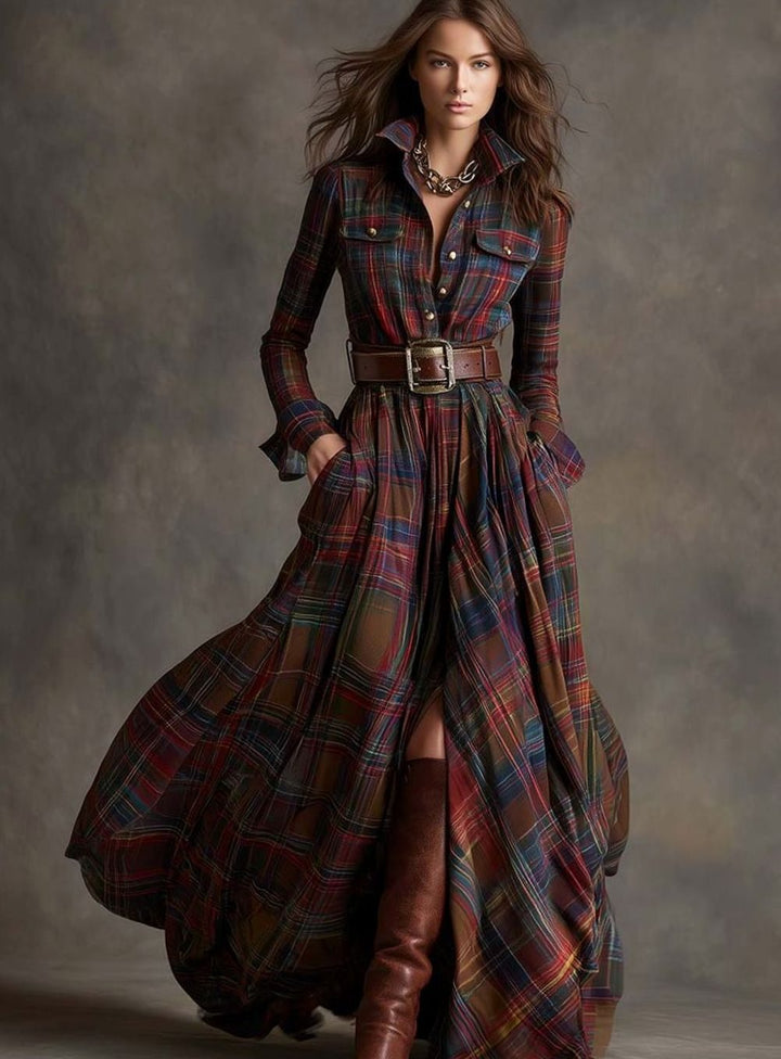 Women's Long Sleeve Plaid Shirt Maxi Dress Belted Flowy