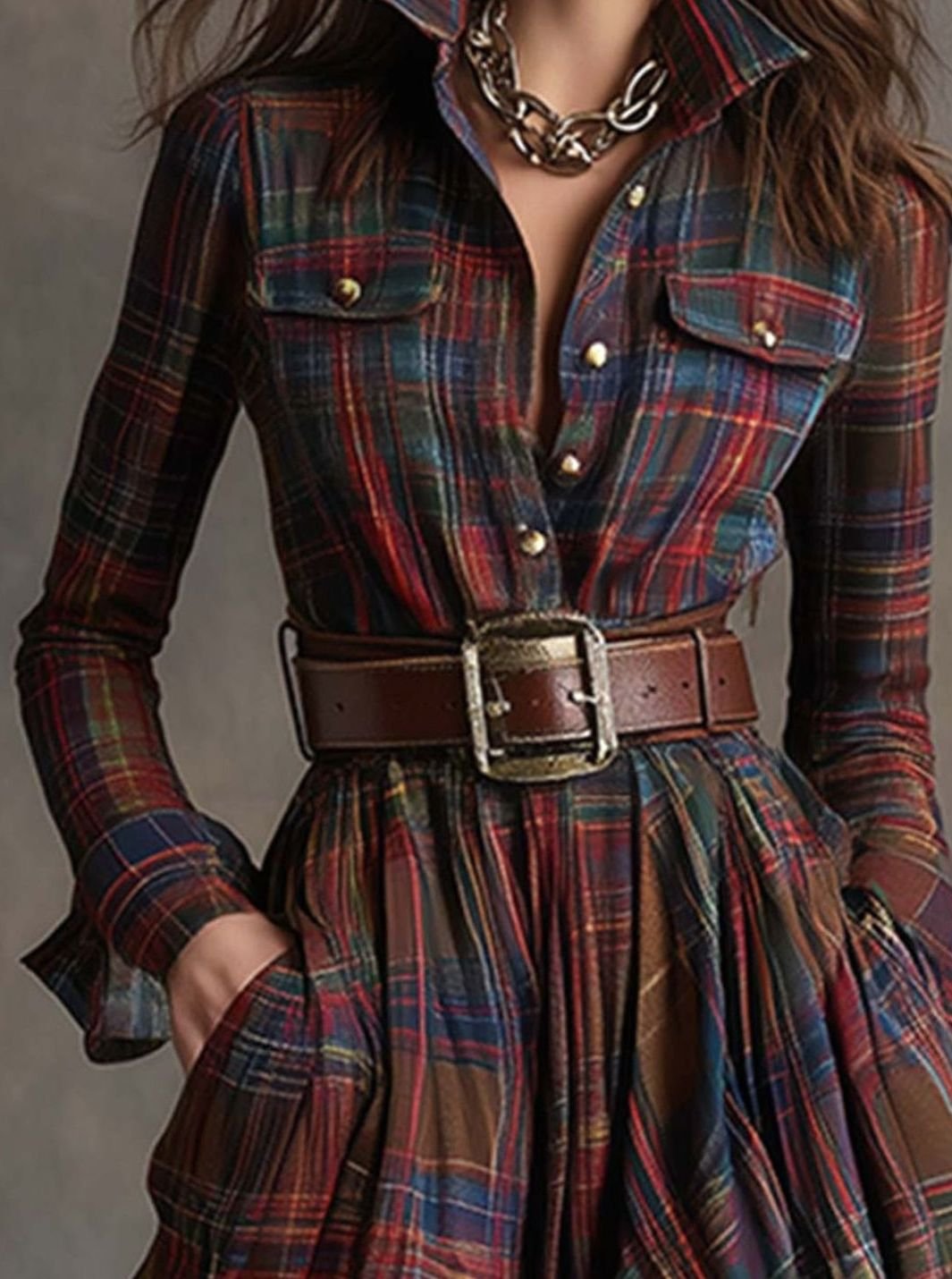 Women's Long Sleeve Plaid Shirt Maxi Dress Belted Flowy