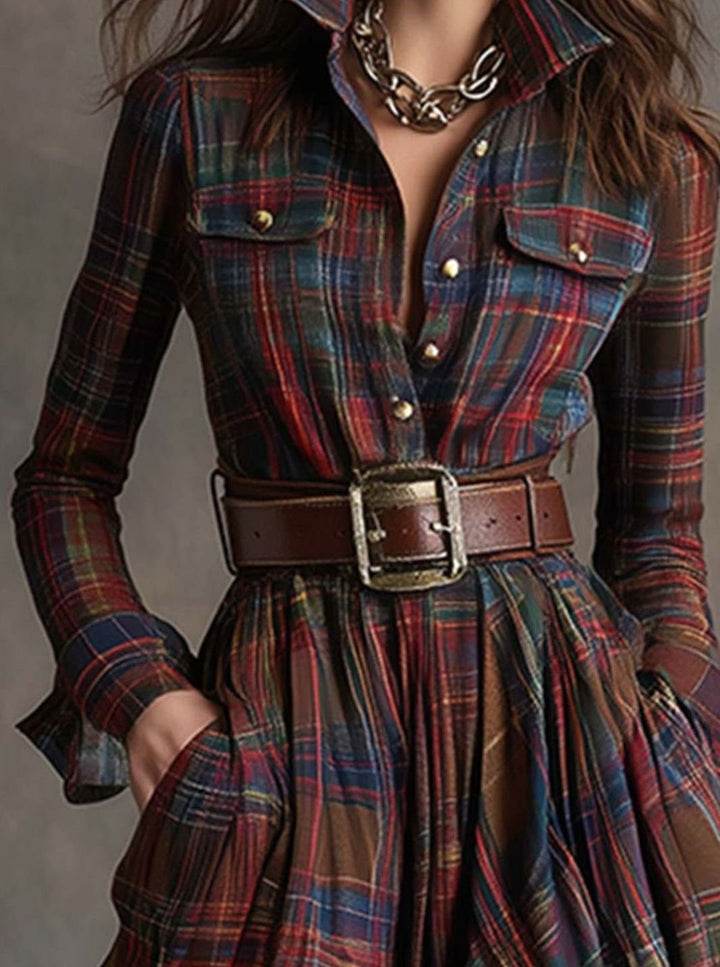 Women's Long Sleeve Plaid Shirt Maxi Dress Belted Flowy