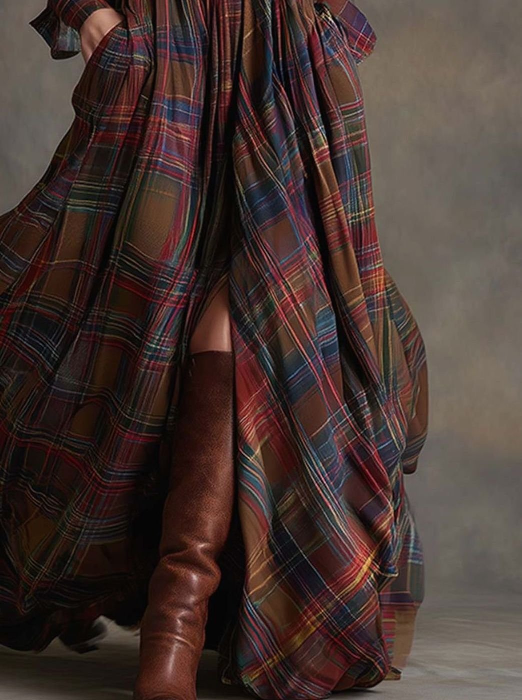 Women's Long Sleeve Plaid Shirt Maxi Dress Belted Flowy