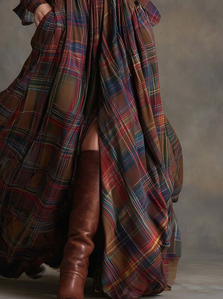 Women's Long Sleeve Plaid Shirt Maxi Dress Belted Flowy