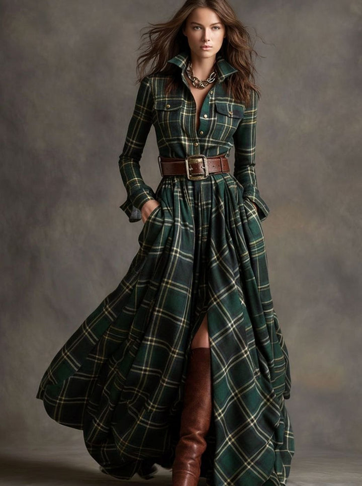 Women's Long Sleeve Plaid Shirt Maxi Dress Belted Flowy