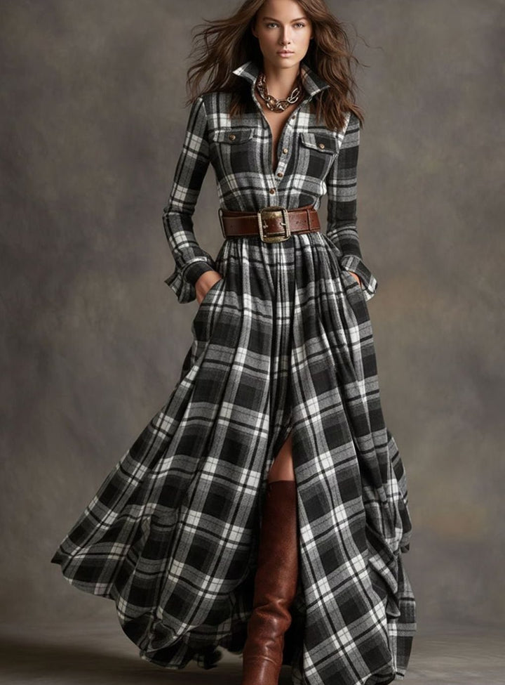 Women's Long Sleeve Plaid Shirt Maxi Dress Belted Flowy