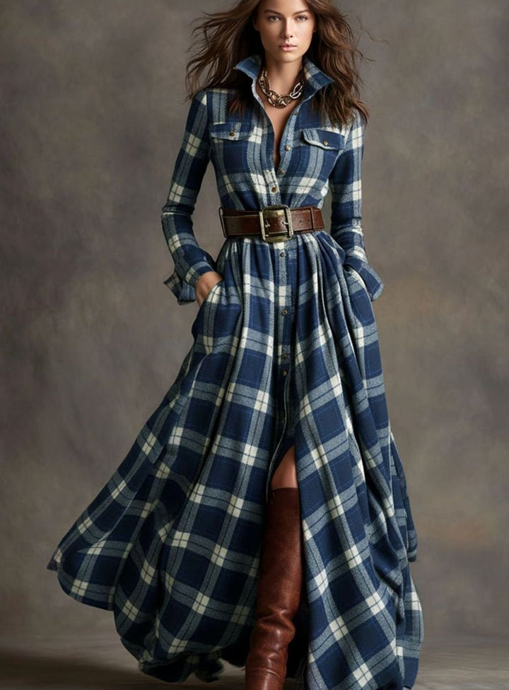 Women's Long Sleeve Plaid Shirt Maxi Dress Belted Flowy