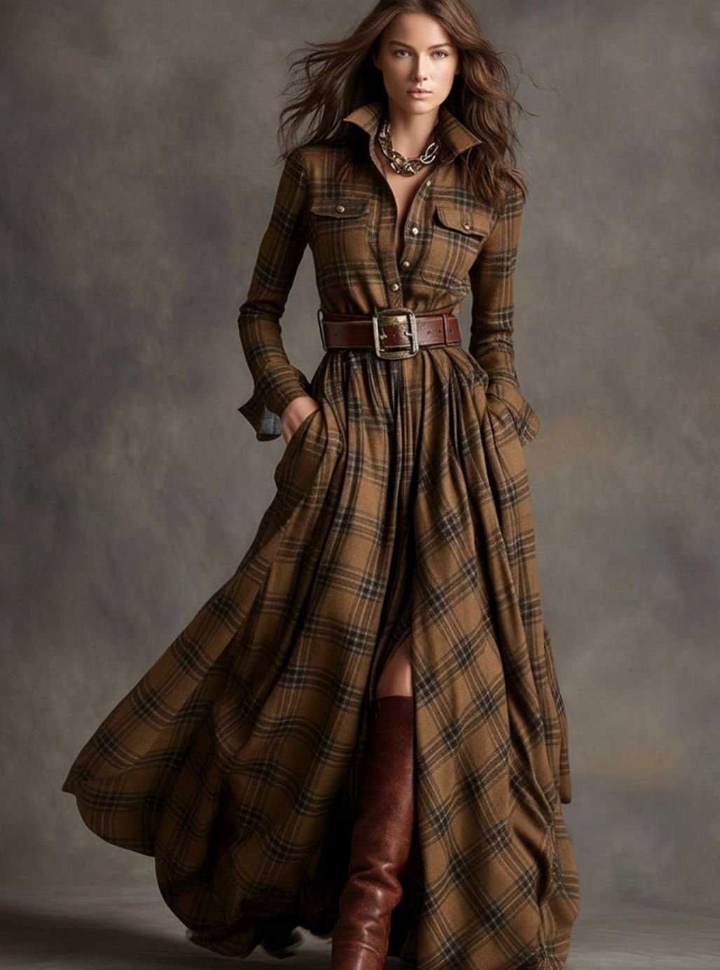 Women's Long Sleeve Plaid Shirt Maxi Dress Belted Flowy