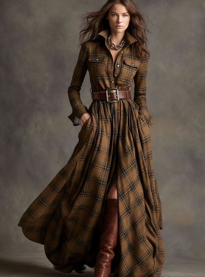 Women's Long Sleeve Plaid Shirt Maxi Dress Belted Flowy
